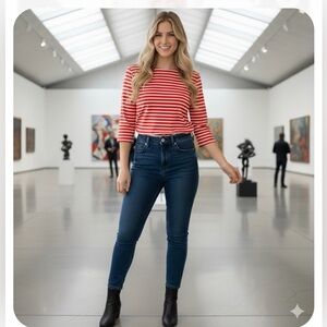 Classic Red Striped Women's Boat Neck 3/4 Sleeve Tee